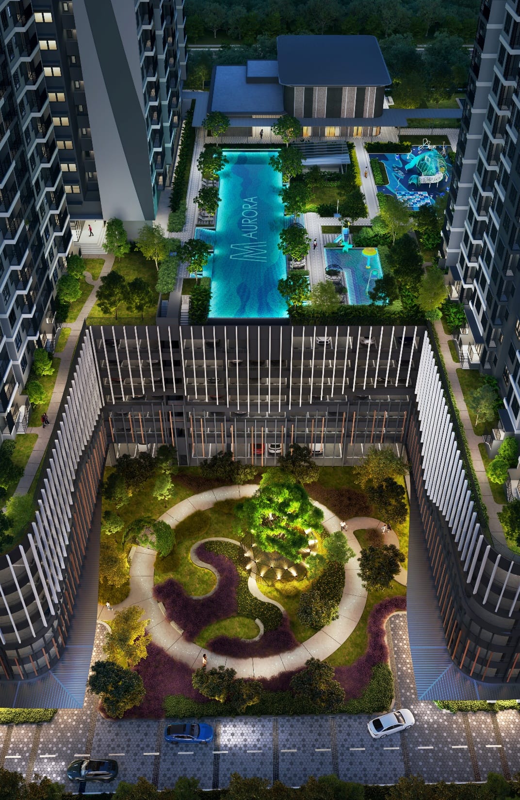 Night aerial view of M Aurora's pool deck and towers at Old Klang Road