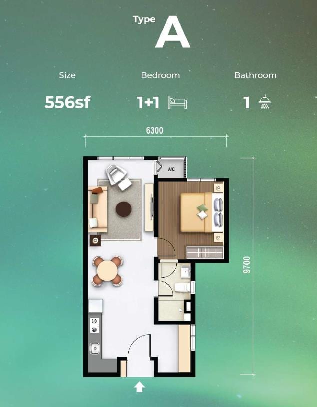M Aurora Type A floor plan — 556 sqft 1+1 bedroom layout, Old Klang Road