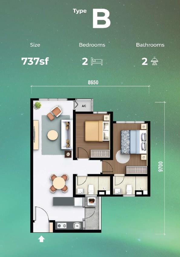 M Aurora Type B floor plan — 737 sqft 2-bedroom layout, Old Klang Road