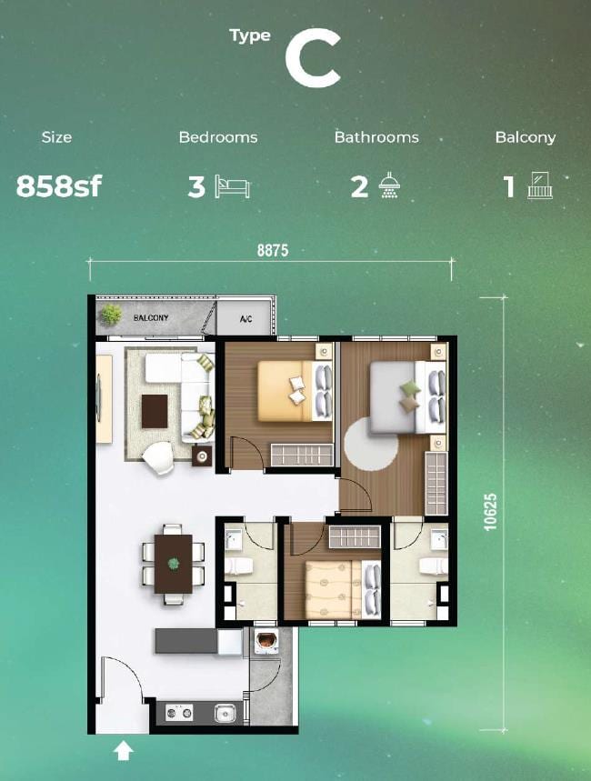 M Aurora Type C floor plan — 858 sqft 3-bedroom with balcony layout, Old Klang Road