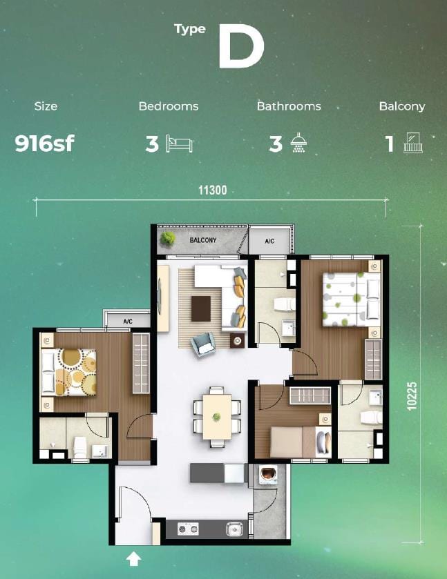 M Aurora Type D floor plan — 916 sqft 3-bedroom with balcony layout, Old Klang Road
