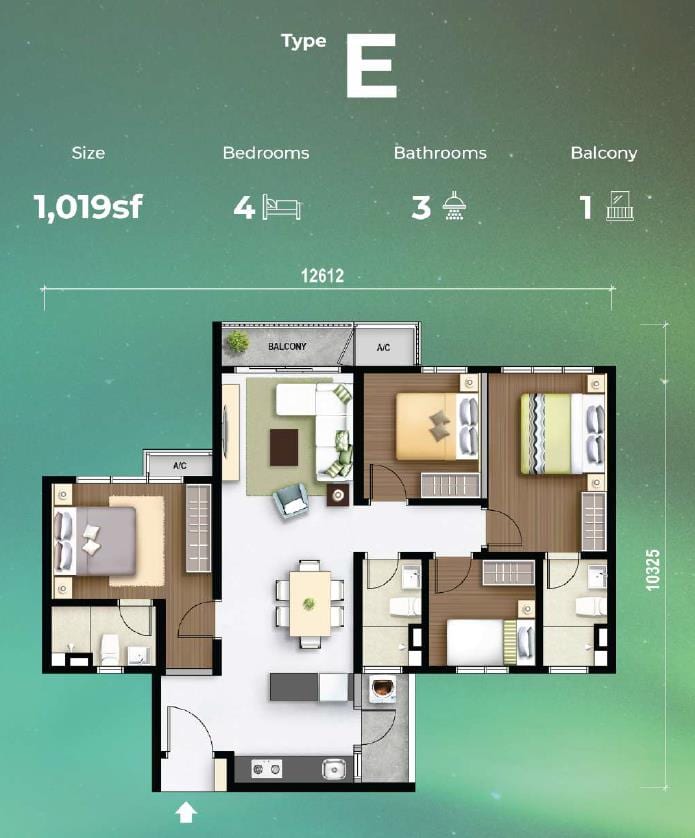 M Aurora Type E floor plan — 1,019 sqft 4-bedroom with balcony layout, Old Klang Road